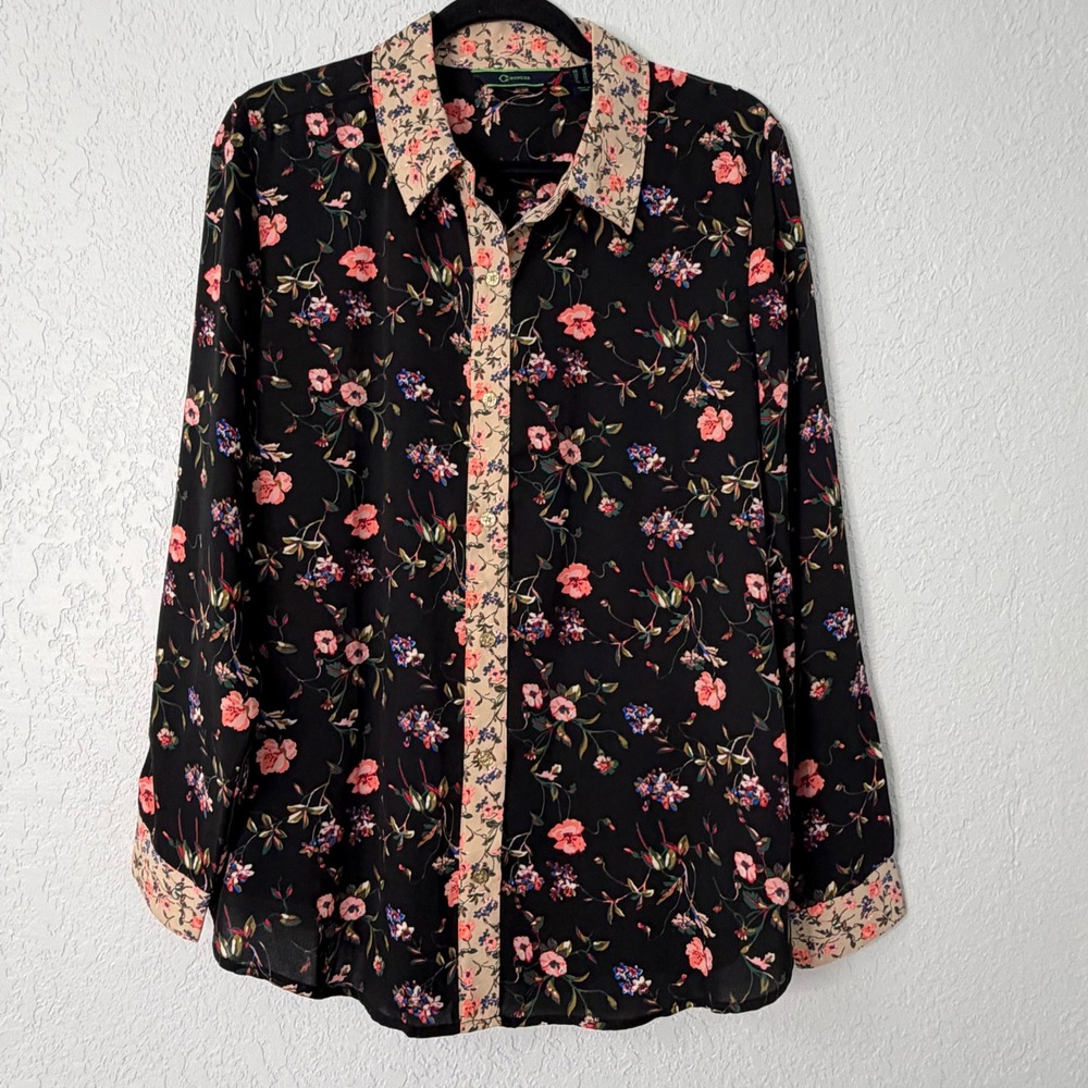 Womens Floral Mixed Print Button Down Shirt Black Pink Size 12